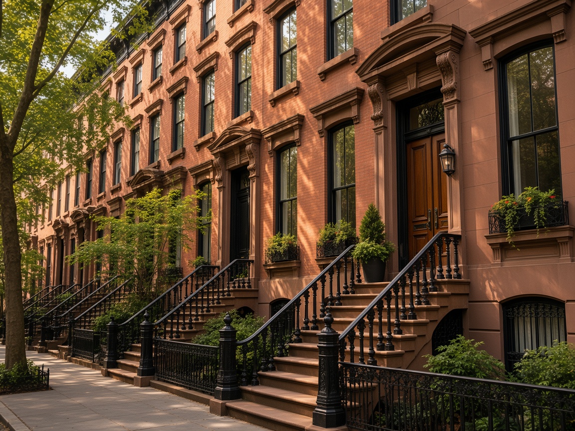 A row of Brooklyn brownstones with black iron stoop railings