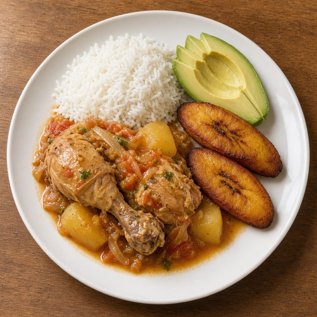 Pollo sudado with potatoes, white rice, avocado and fried plantains