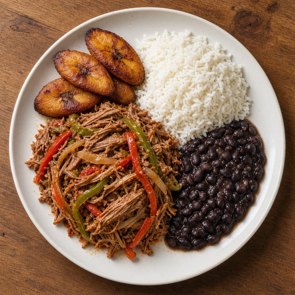 Ropa vieja shredded beef with peppers, white rice, black beans and sweet plantains