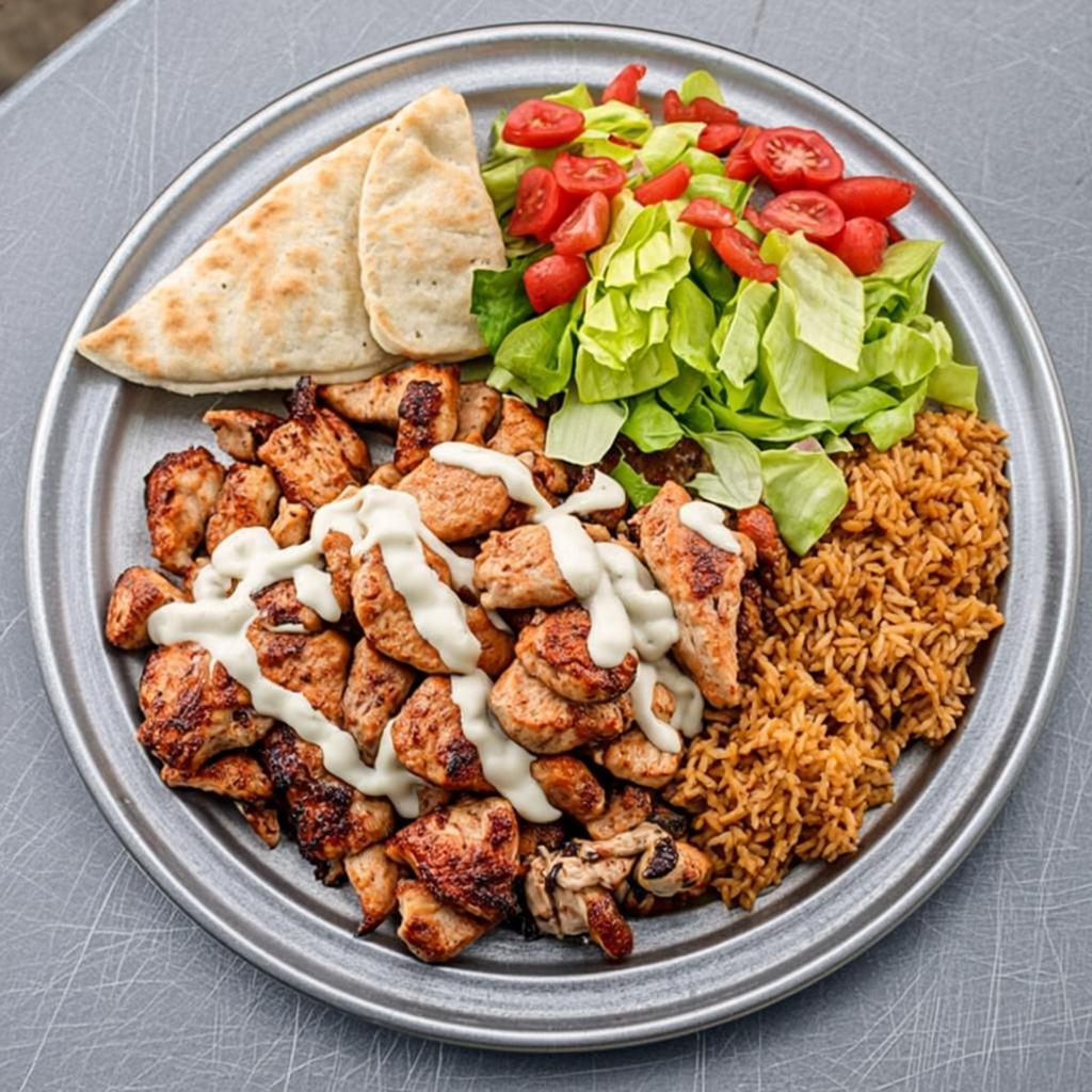 Chicken and rice with white sauce and salad