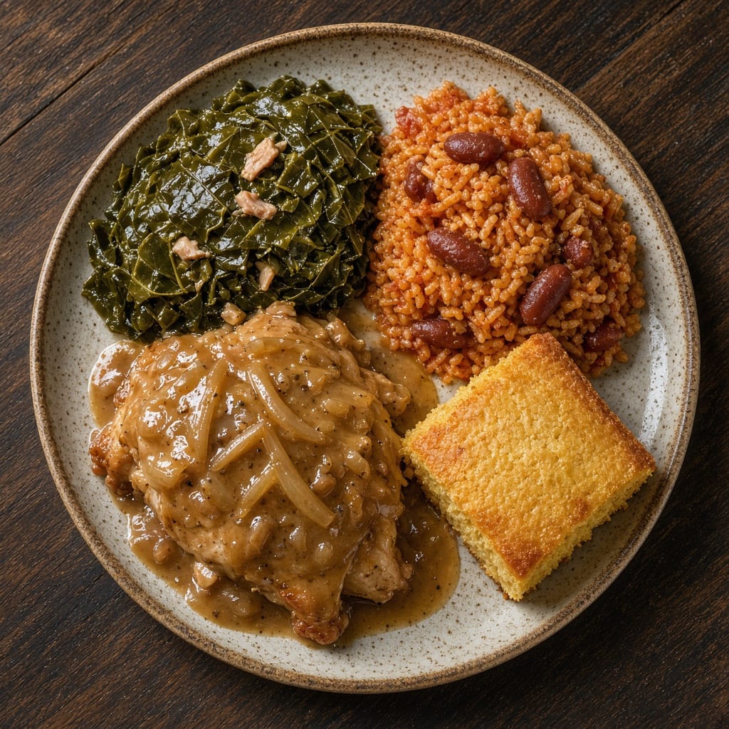 Smothered chicken with collard greens, red beans and rice, and cornbread