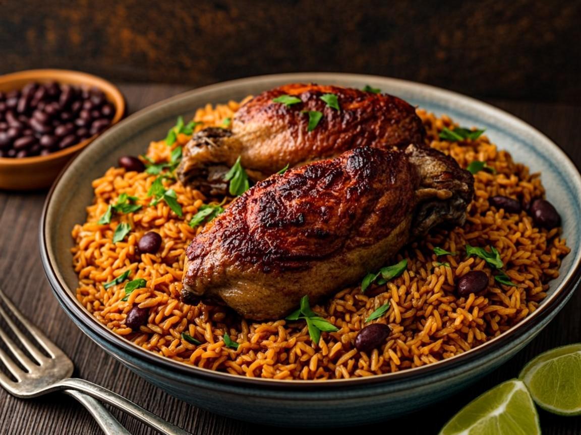 A bowl of seasoned yellow rice with grilled chicken, black beans and cilantro