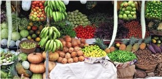 A market stall of fresh fruit and vegetables