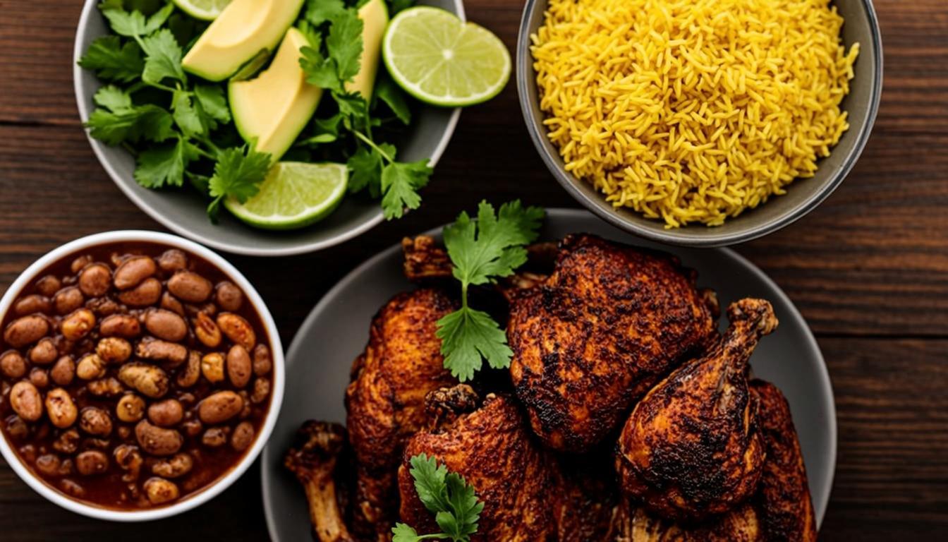 A table of yellow rice, beans, roasted chicken and fried plantains