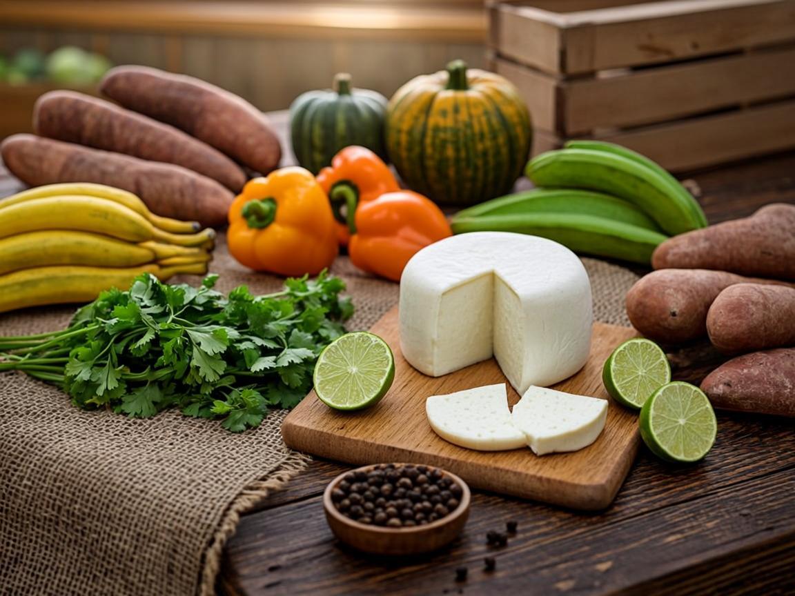 Recao, ají dulce, calabaza, yuca, green plantains, queso fresco and achiote on a market table
