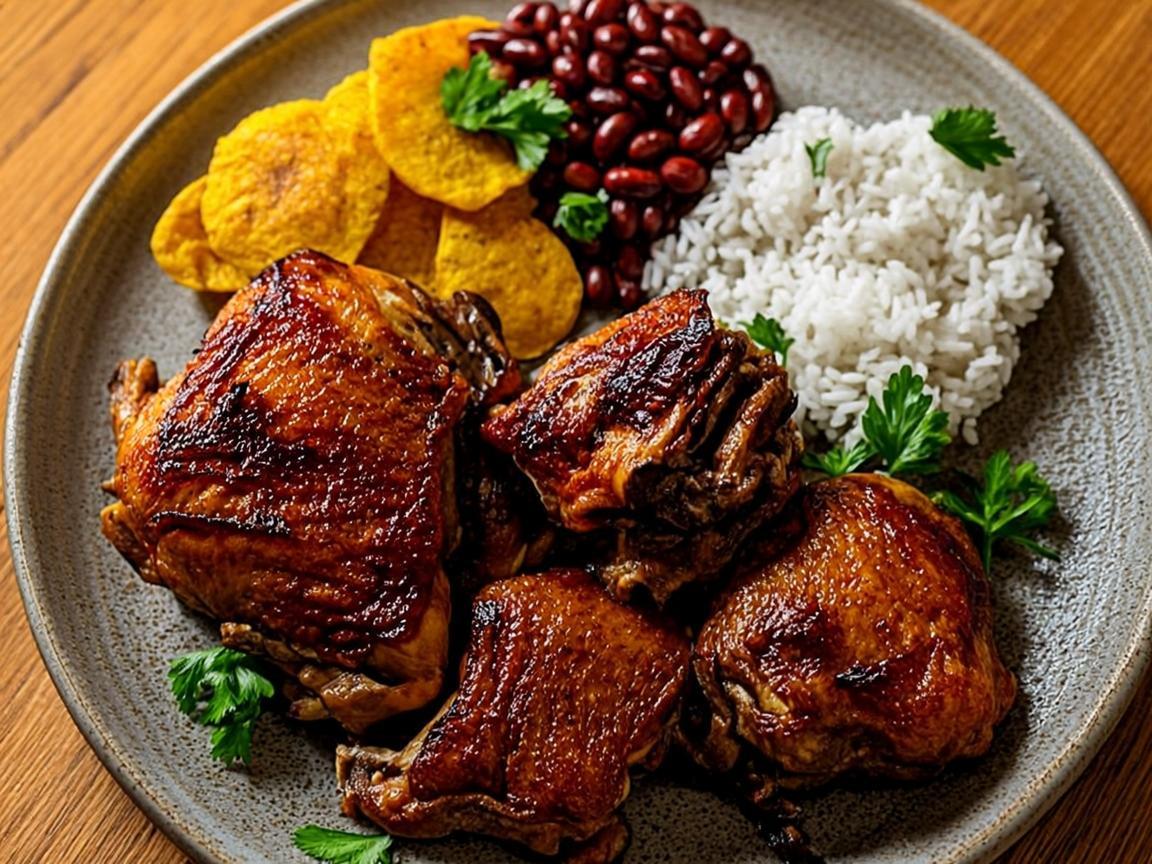 Grilled chicken with plantains, beans and rice