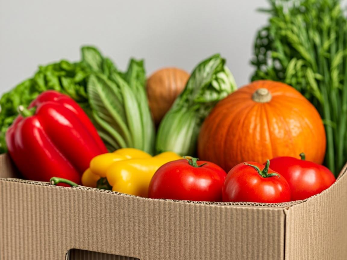 Box filled with fresh produce and vegetables