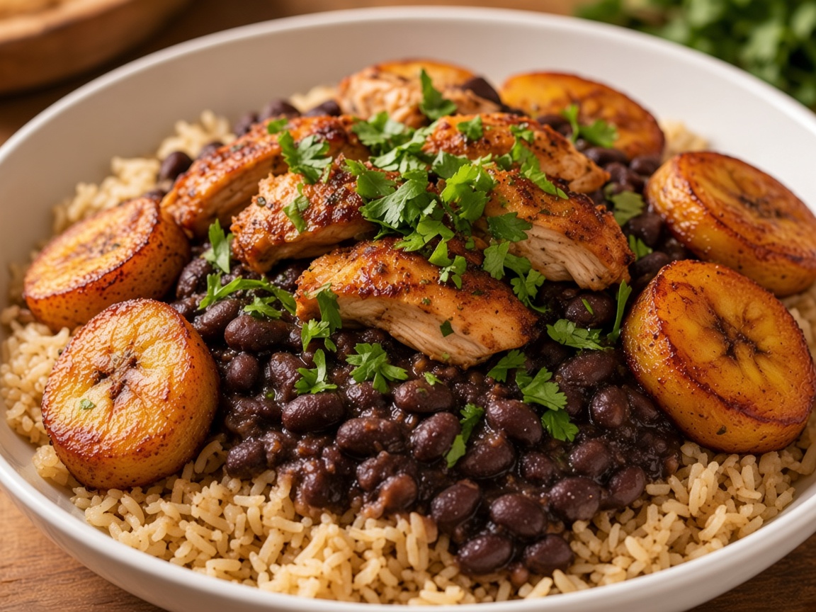Rice, black beans, plantains, and chicken in a white bowl