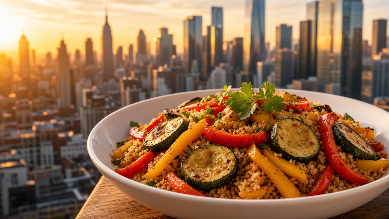 A bowl of grains and grilled vegetables in front of the New York City skyline at sunset