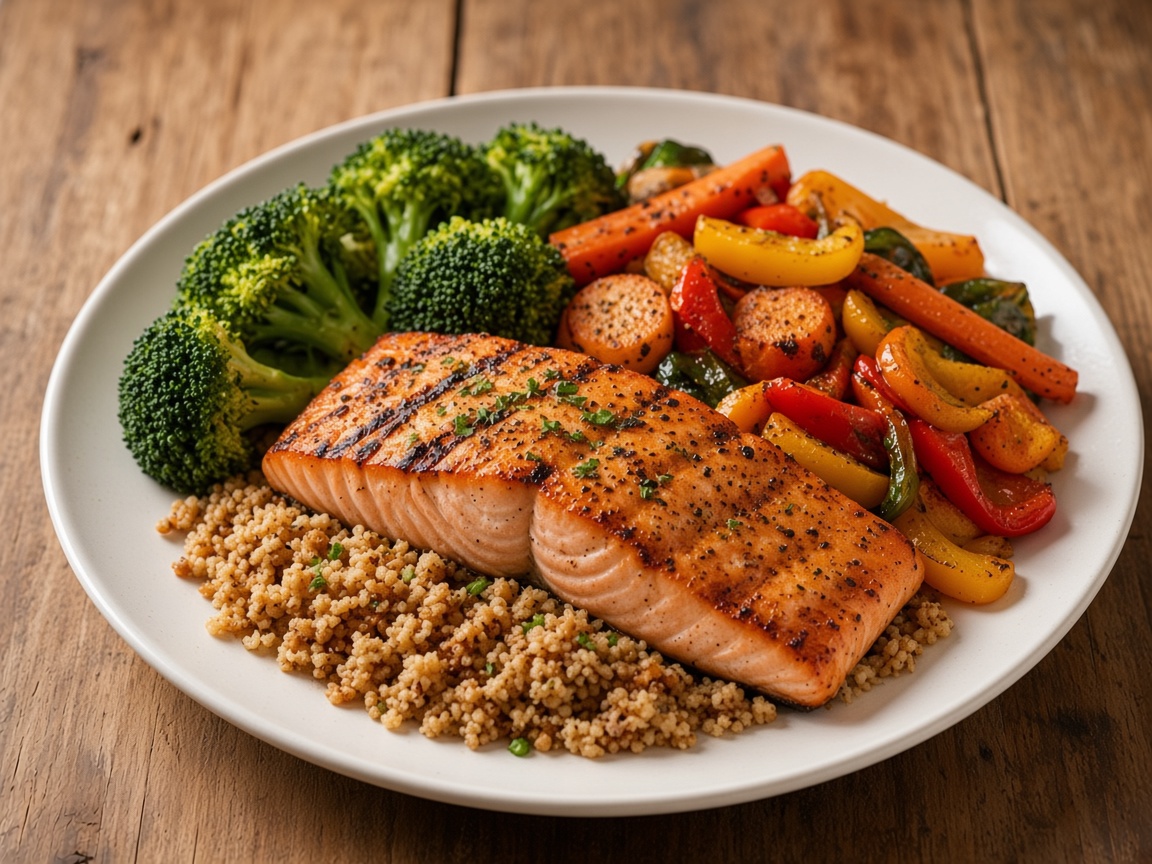 Grilled salmon with grains, broccoli, and roasted vegetables