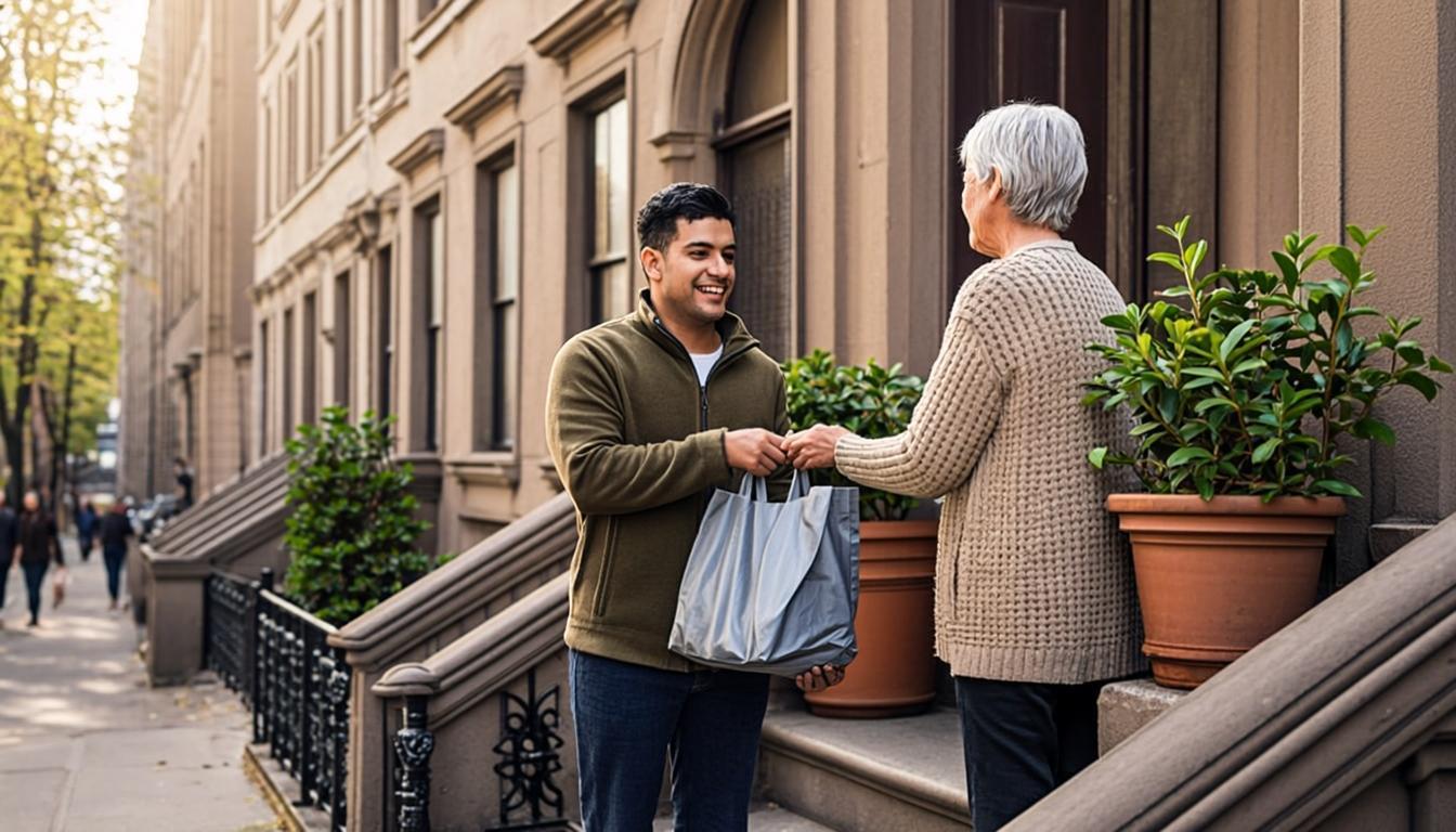 A GT meal delivery being handed off at a New York brownstone doorway