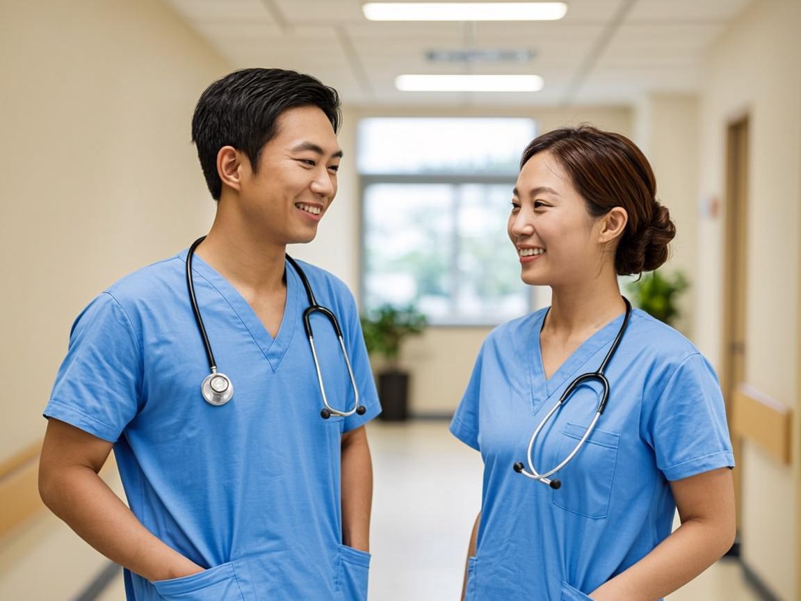 Healthcare providers talking in a clinic hallway